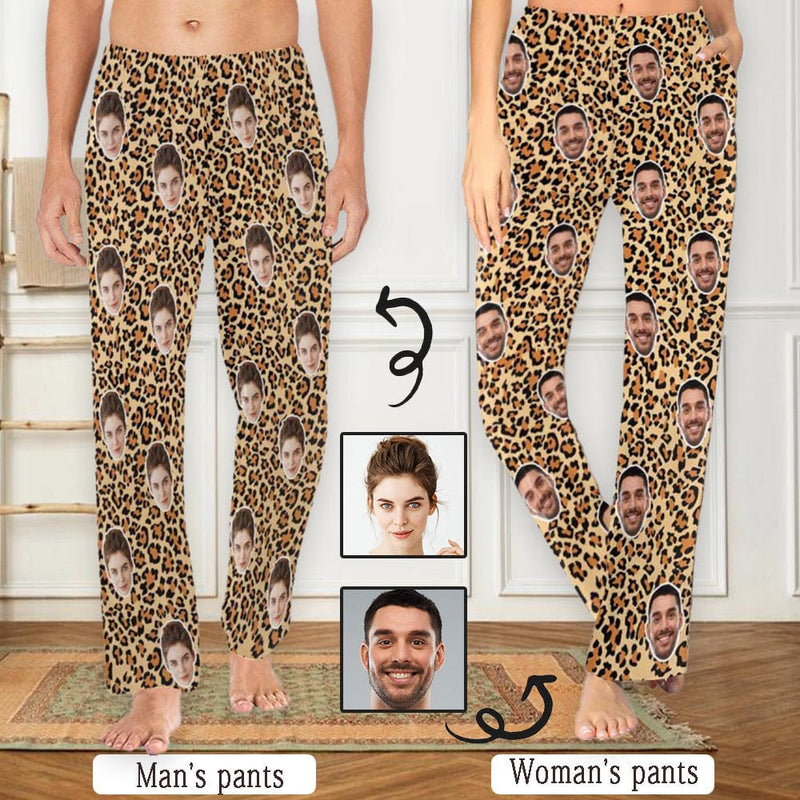 Custom Face Leopard Print Personalized Women's&Men's Long Pajama Pants