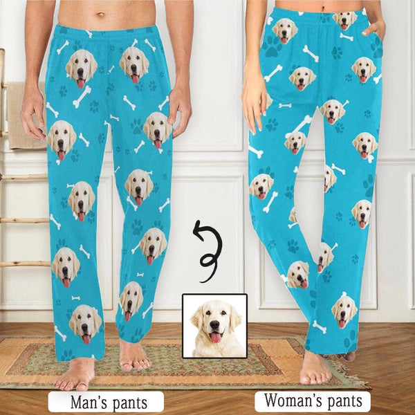 Custom Face Dog Bone Paw Print Blue Women's&Men's Long Pajama Pants