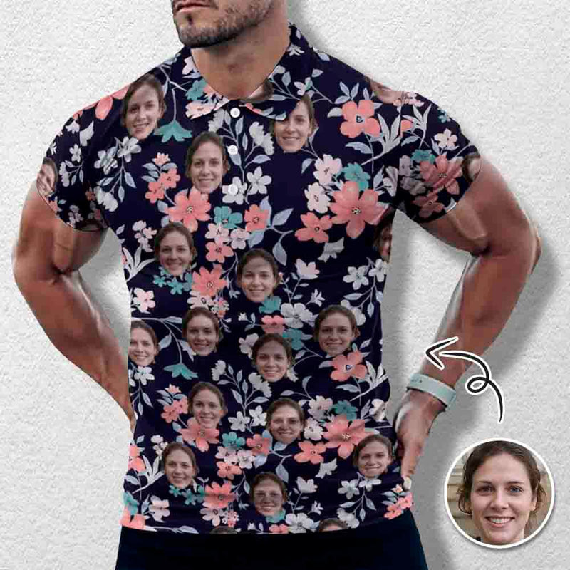 Custom Face Small Flower Polo Shirt Personalized Men's Golf Shirt