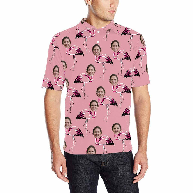 Custom Face Pink Flamingo All Over Print Polo Shirt Personalized Men's Golf Shirt For Boyfriend And Father Gift