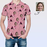 Custom Face Pink Flamingo All Over Print Polo Shirt Personalized Men's Golf Shirt For Boyfriend And Father Gift