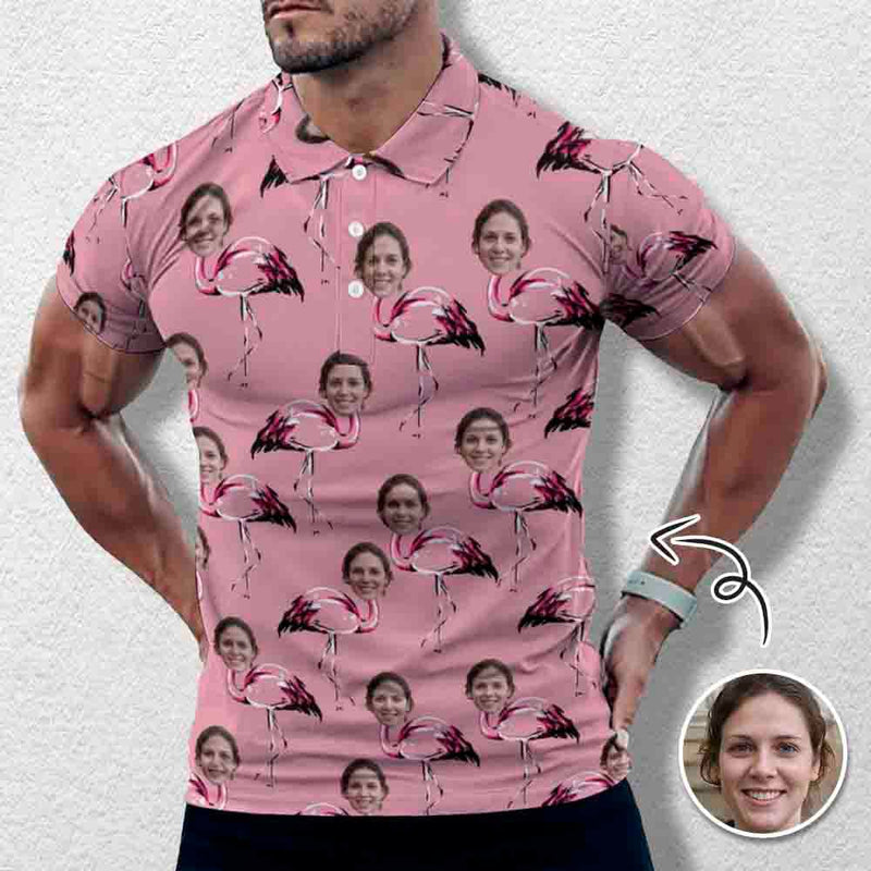 Custom Face Pink Flamingo Polo Shirt Personalized Men's Golf Shirt