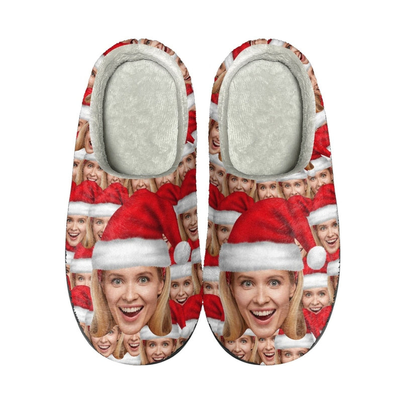 Custom Face Santa Hat Christmas Cotton Slippers for Kids