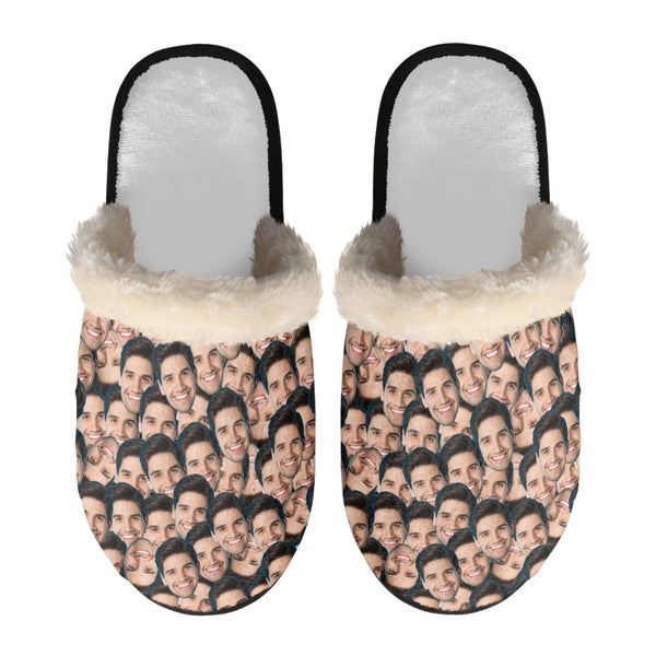 Custom Seamless Face Fuzzy Slippers for Women and Men Personalized Photo Non-Slip Slippers Indoor Warm House Shoes