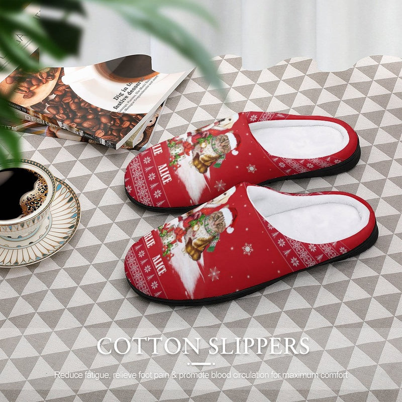 Custom Pet's Photo & Name Christmas Hat Red All Over Print Cotton Slippers For Men Women