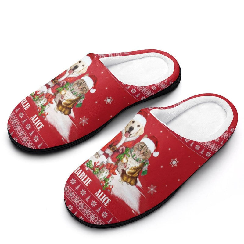 Custom Pet's Photo & Name Christmas Hat Red All Over Print Cotton Slippers For Men Women