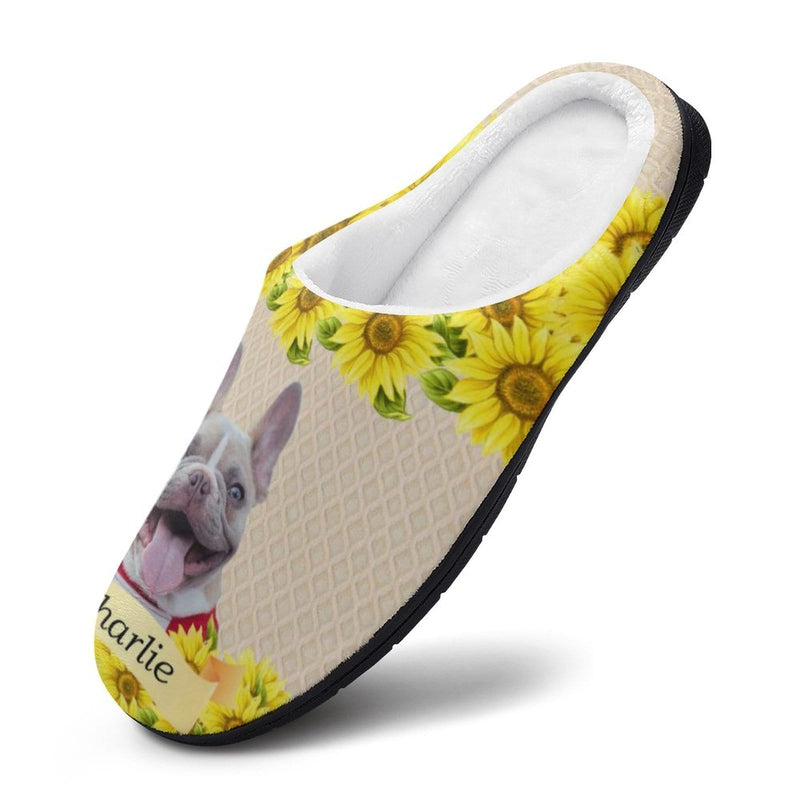 Custom Pet's Photo  & Name Sunflower All Over Print Cotton Slippers For Men Women