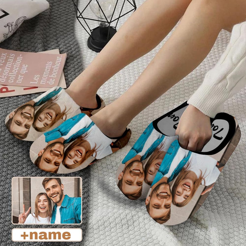 7 AM Custom Couple Photo&Name All Over Print Personalized Non-Slip Cotton Slippers For Couple Girlfriend Boyfriend