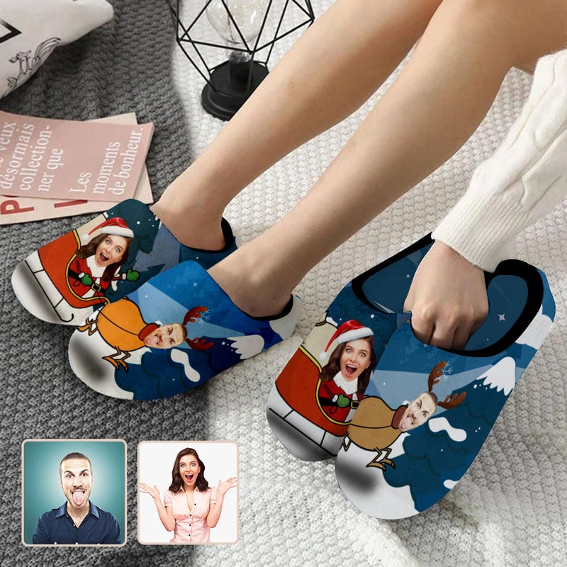 Couple Gift Blue Custom Face Christmas Sleigh All Over Print Personalized Non-Slip Cotton Slippers For Girlfriend Boyfriend
