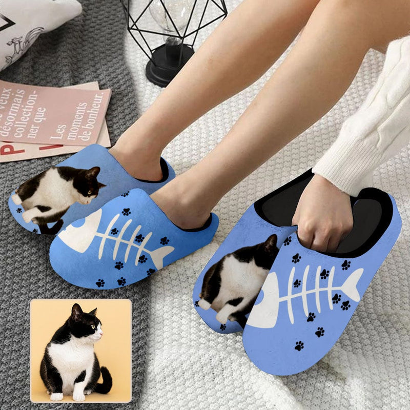 Couple Gift Custom Pet Face Cat Bone All Over Print Personalized Non-Slip Cotton Slippers For Girlfriend Boyfriend