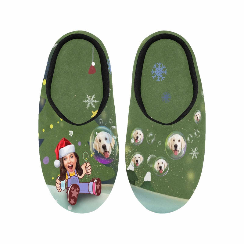 Couple Gift Green Custom Face Christmas Bubble All Over Print Personalized Non-Slip Cotton Slippers For Girlfriend Boyfriend
