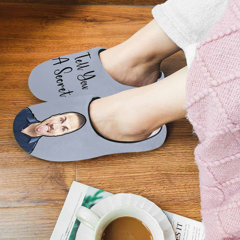Couple Gift Grey Custom Photo&Text All Over Print Personalized Non-Slip Cotton Slippers For Girlfriend Boyfriend