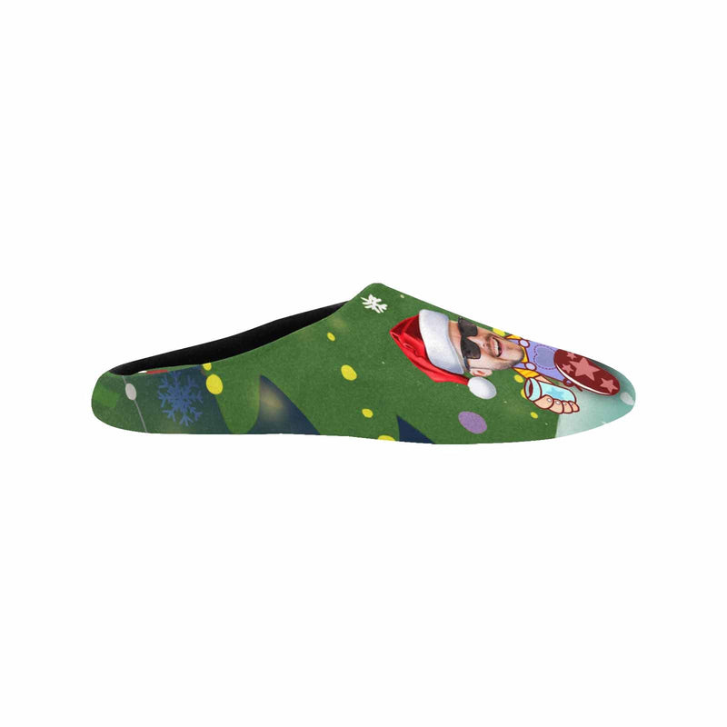 Couple Gift Green Custom Face Christmas Bubble All Over Print Personalized Non-Slip Cotton Slippers For Girlfriend Boyfriend