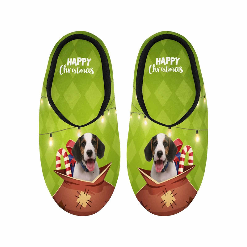Green Christmas Custom Dog's Photo All Over Print Personalized Non-Slip Cotton Slippers For Men Women