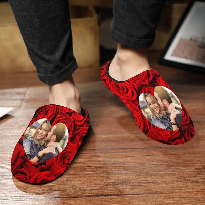Rose Custom Couple Photo All Over Print Personalized Non-Slip Cotton Slippers For Couple Girlfriend Boyfriend