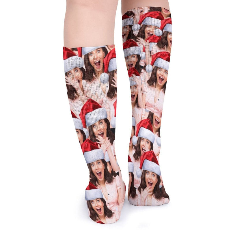 Custom Seamless Face Red Hat Sublimated Crew Socks Personalized Funny Photo Socks Gift for Christmas