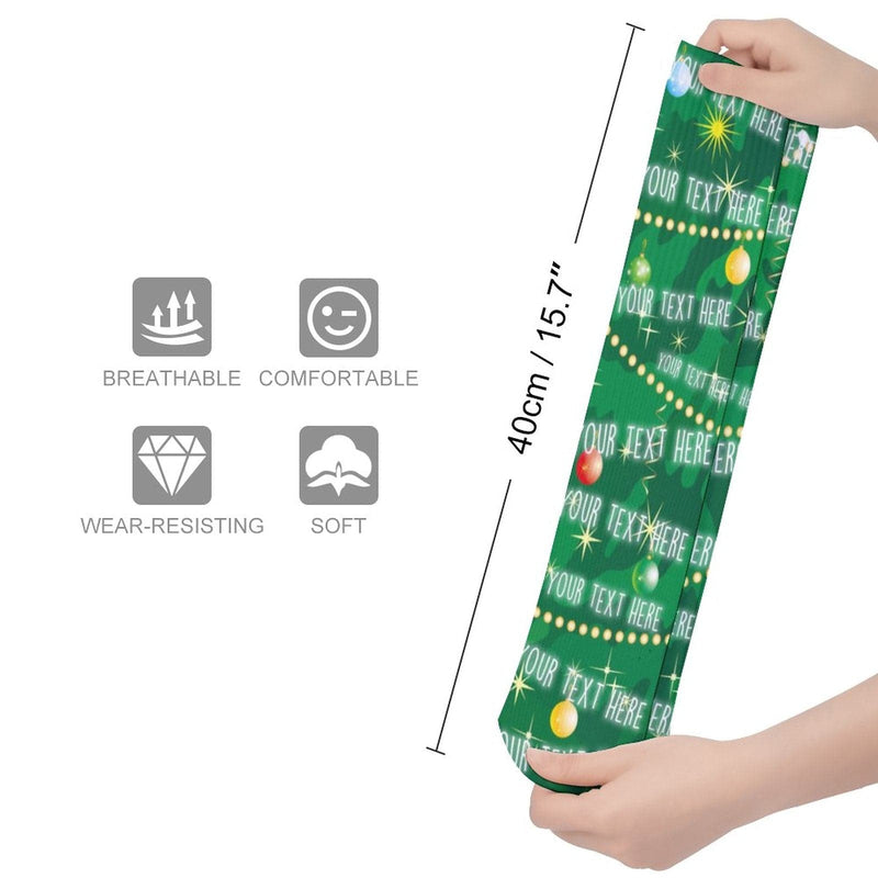 Custom Text Green Background Sublimated Crew Socks Personalized Socks Gift for Christmas