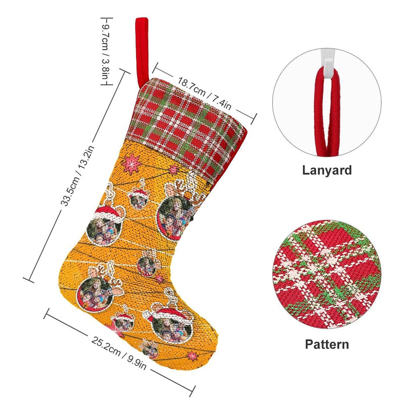 16.5in(L) Super Size-Custom Photo Line Orange Background Christmas Socks Flip Sequins Christmas Stocking