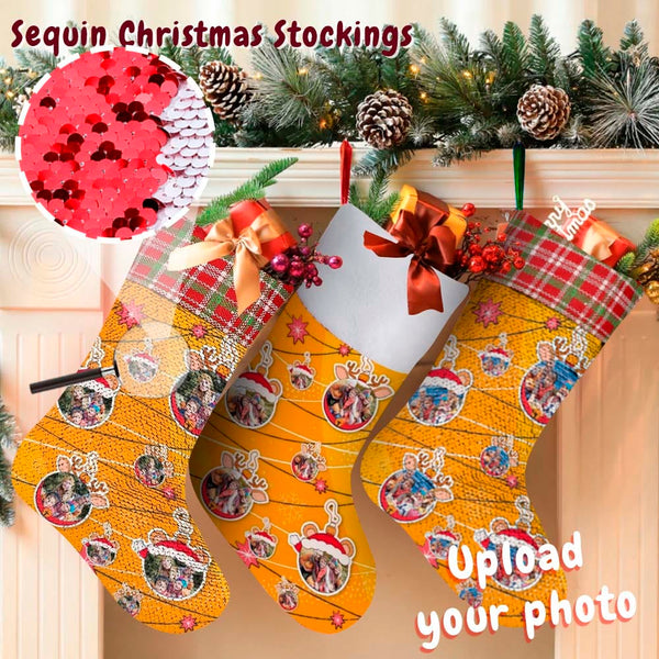 Custom Photo Line Orange Background Personalized Christmas Sequin Socks