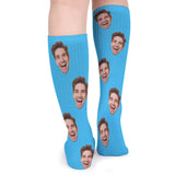Custom Face Sublimated Crew Socks Blue Background Socks Personalized Funny Photo Socks Gift