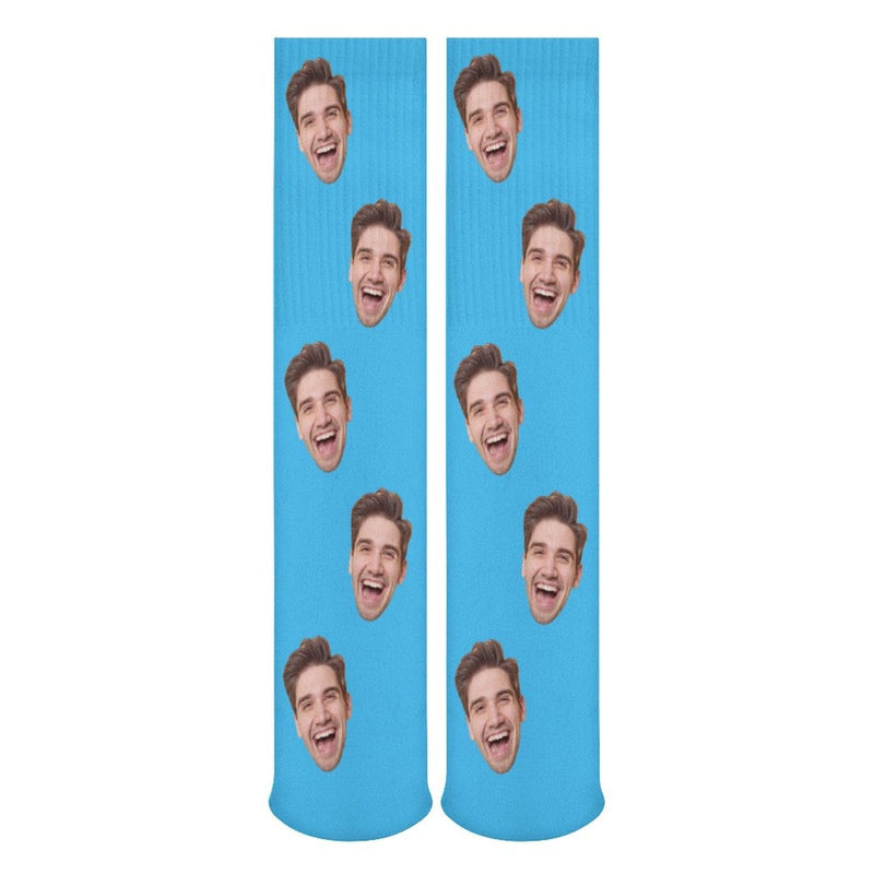 Custom Face Sublimated Crew Socks Blue Background Socks Personalized Funny Photo Socks Gift