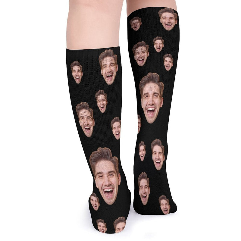 Face on Socks Custom Black Background Personalized Sublimated Crew Socks Gift Idea For Men Women
