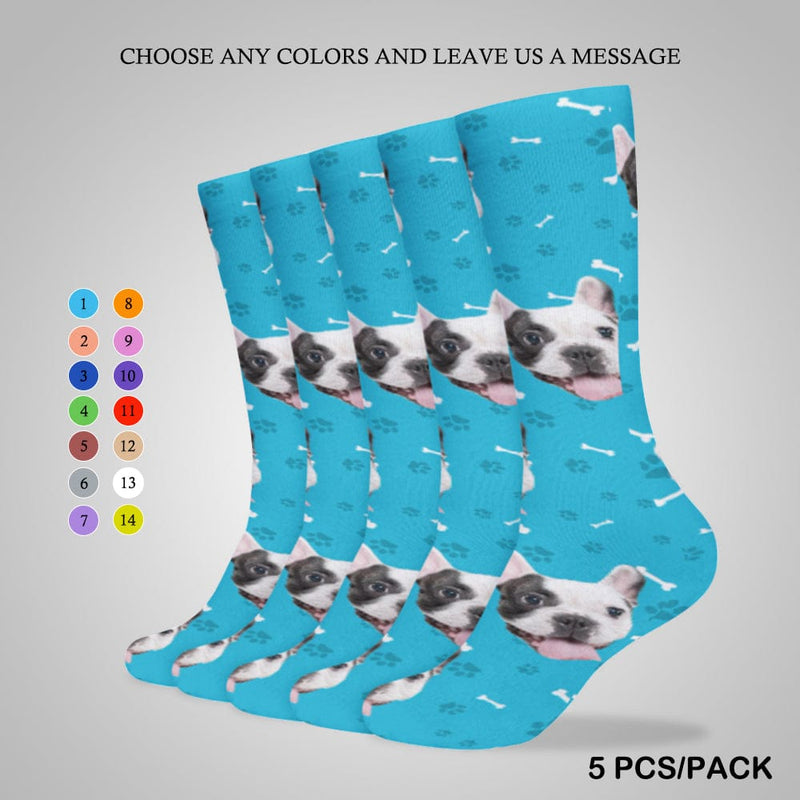 Personalised Sublimated Crew Socks With Pet Face Bone Blue Background