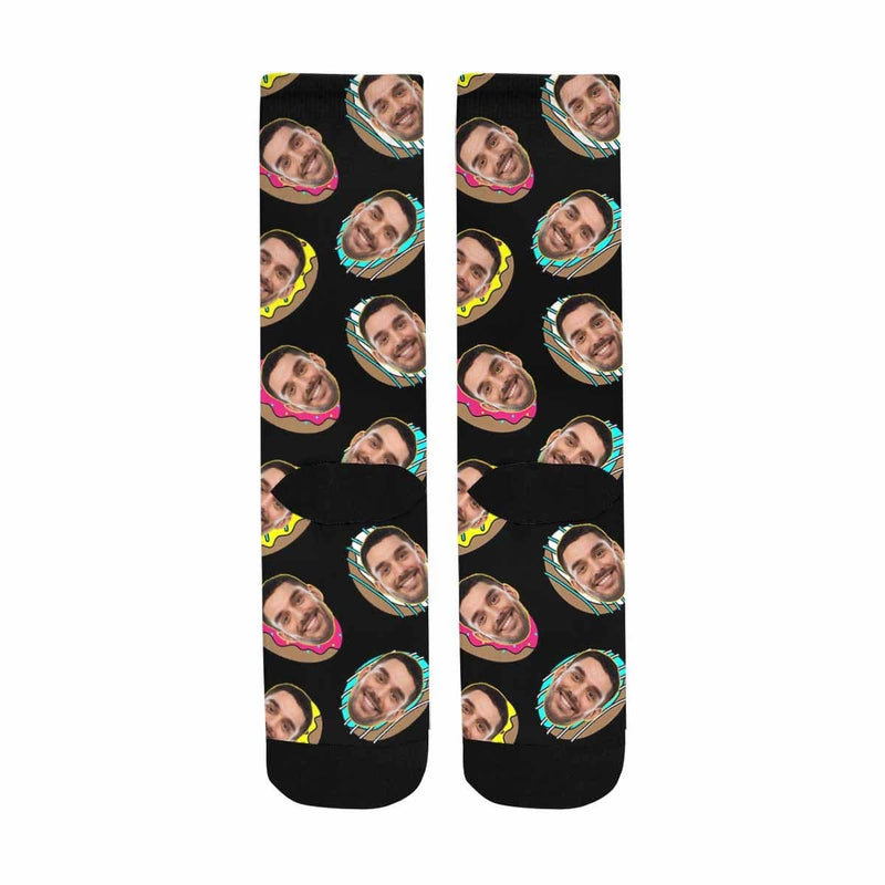 Face on Socks Custom Donut Black Sublimated Crew Socks Personalized Picture Socks Unisex Gift for Men Women