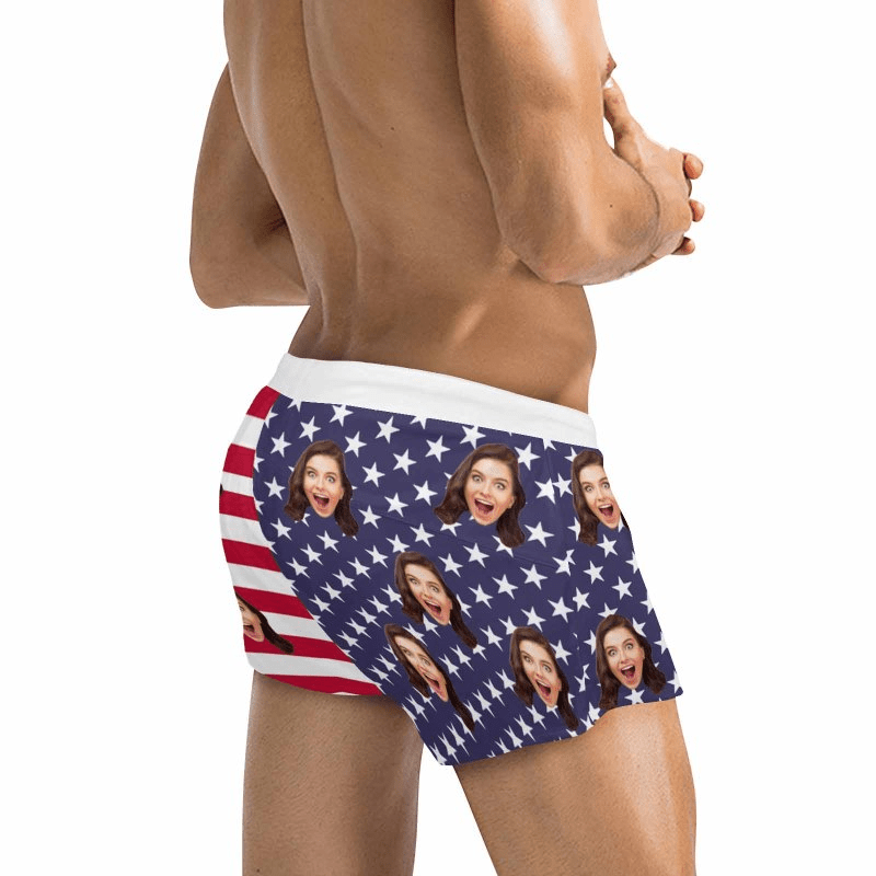 Custom Face American Flag Men's Swimwear Short Swim Trunks with Zipper Pocket Personalized Surfing Square Leg Board Shorts