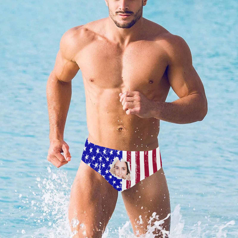 Personalized Triangle Swim Briefs Custom Face American Flag Design Broken Paper Men's Swim Shorts for Pool Party