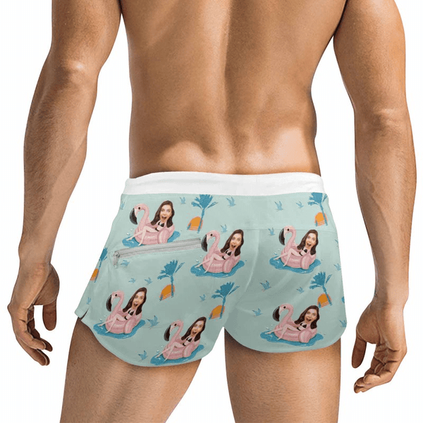 Custom Face Flamingo Green Men's Swimwear Short Swim Trunks with Zipper Pocket Personalized Surfing Square Leg Board Shorts