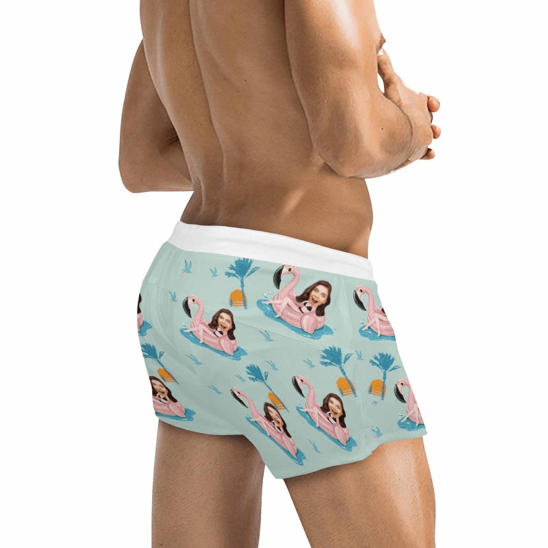 Custom Face Flamingo Green Men's Swimwear Short Swim Trunks with Zipper Pocket Personalized Surfing Square Leg Board Shorts