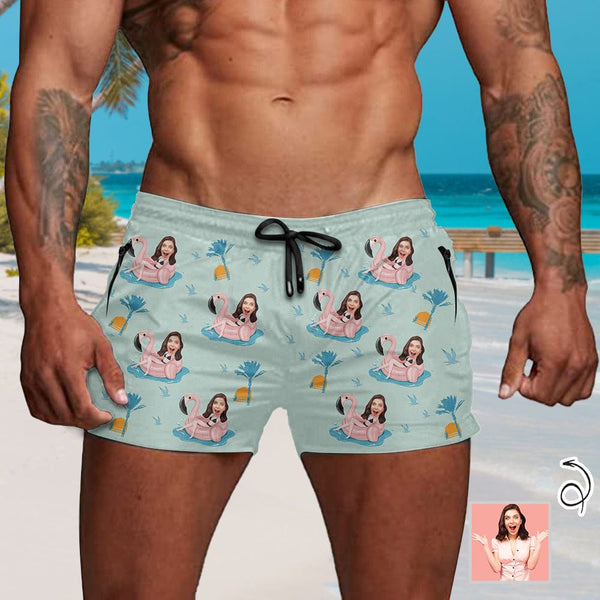 Custom Face Flamingo Men's Quick Dry Shorts Personalized Swim Trunks with Side Zipper Pocket Surfing Square Leg Board Shorts