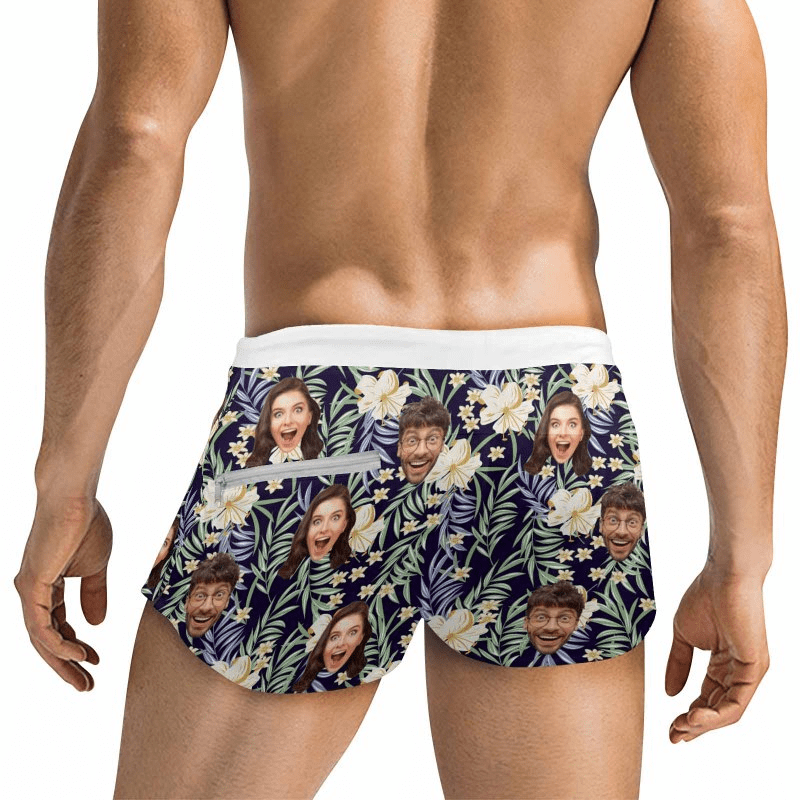 Custom Face Hawaii Flowers Men's Swimwear Short Swim Trunks with Zipper Pocket Personalized Surfing Square Leg Board Shorts