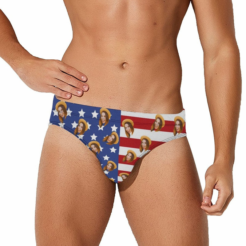 Personalized Triangle Swim Briefs Custom Flag Swim Shorts with Face Print Star Stripes