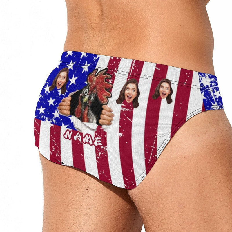 Personalized Funny Cock Men's Triangle Swim Briefs for Independence Day Custom Flag Swim Shorts with Photo & Name