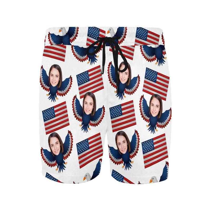 Men's Quick Dry Swim Shorts for Independence Day Custom Made Swim Trunks with Face Print USA Eagle Flag