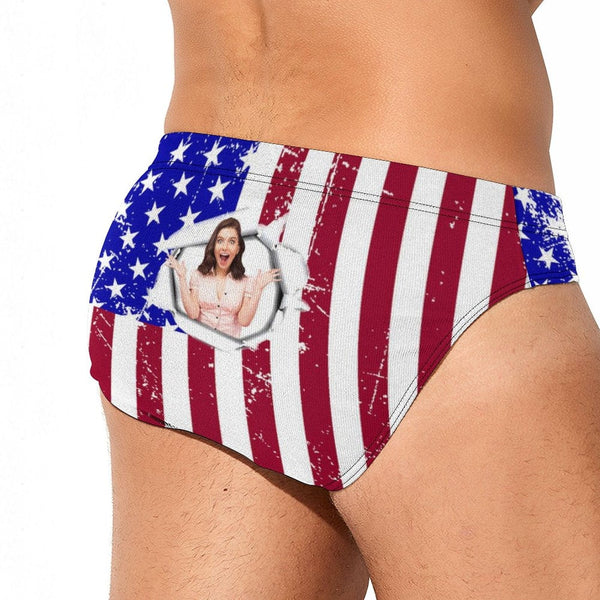 Personalized Triangle Swim Briefs Custom Photo Flag Men's Girlfriend's Face Swim Shorts for Independence Day