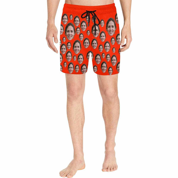 Men's Quick Dry Swim Shorts for Him Custom Swimming Trunks with Personalized Face Red Simple