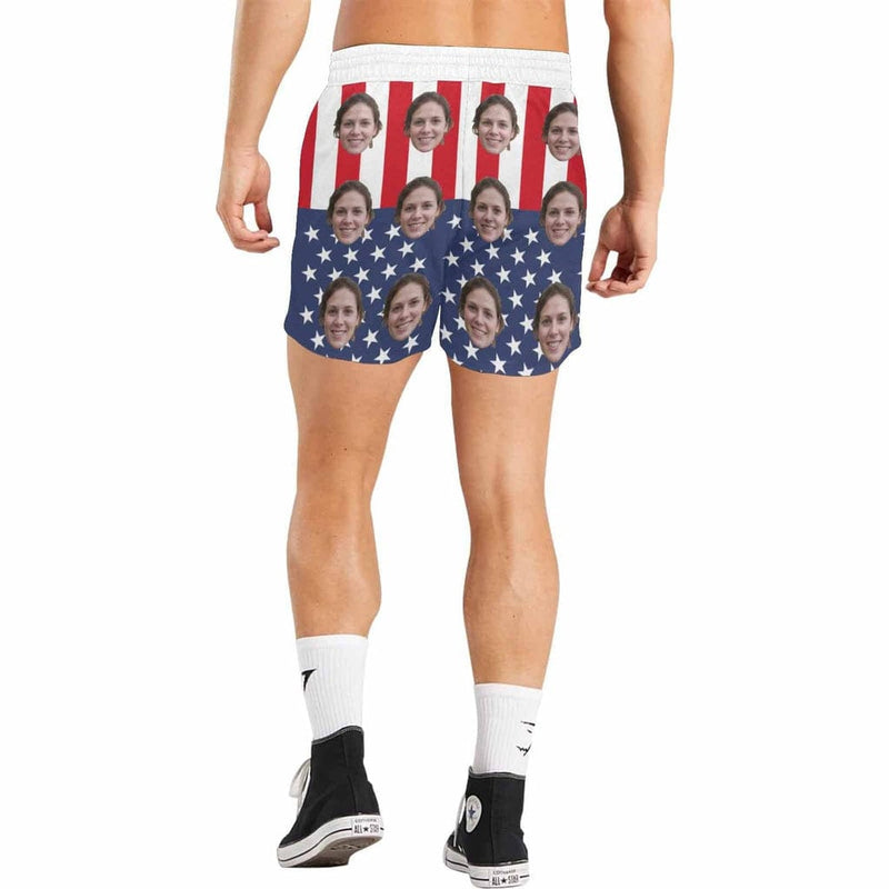 Men's Quick Dry Swim Shorts Custom Face Stars Stripes Print Swimwear with Girlfriend's Face for Vacation