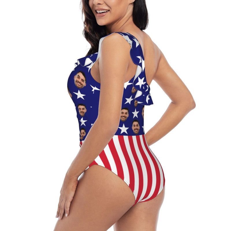 #Independence Day#Custom Face American Flag Pentagram Swimsuit Personalized Women's One Shoulder Ruffle One Piece Bathing Suit