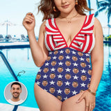#July 4-4th of July Custom Face USA Flag Swimwear Personalized Women's V-Neck Ruffle Bathing Suit One Piece Swimsuit