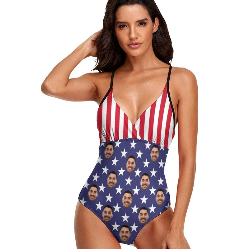 Custom Face American Flag Women's One Piece Swimsuit