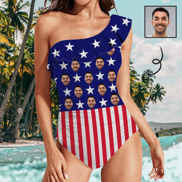 #Independence Day#Custom Face American Flag Pentagram Swimsuit Personalized Women's One Shoulder Ruffle One Piece Bathing Suit