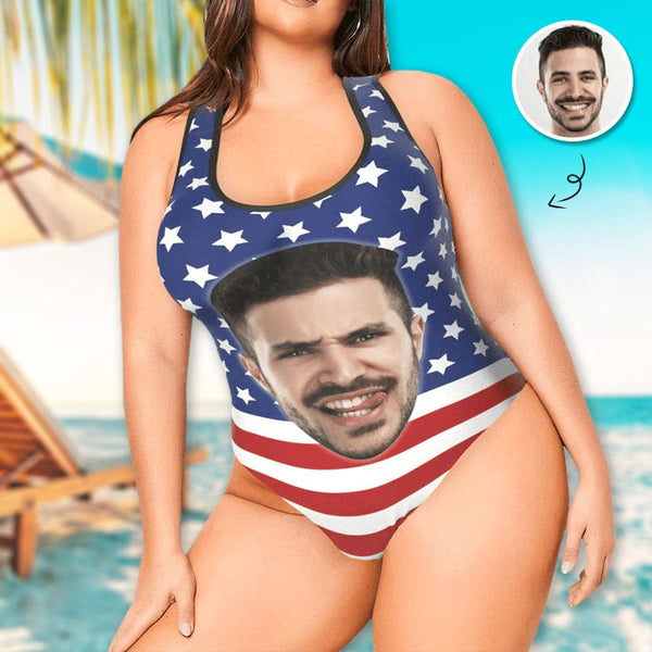 Plus Size Swimsuit Custom Husband Face American Flag Swimsuit Personalized Tank Top One Piece Bathing Suit Celebrate Holiday Party