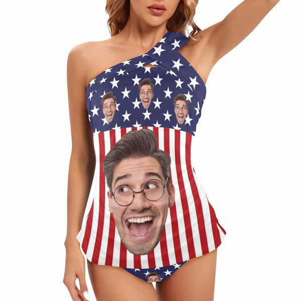 DstoryGifts 288613826712 Custom Face American Flag Swimsuit With Face Personalized Face Women's One Shoulder Two Piece Bathing Suit