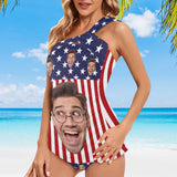 DstoryGifts 288613826712 Custom Face American Flag Swimsuit With Face Personalized Face Women's One Shoulder Two Piece Bathing Suit