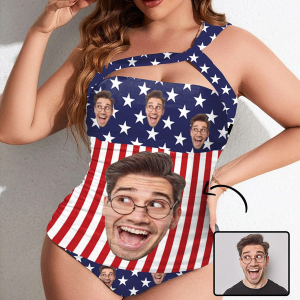 Custom Face American Flag Swimsuit With Face Personalized Face Women's One Shoulder Two Piece Bathing Suit
