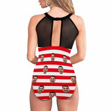 Custom Face American Flag Women's One Piece Swimsuit High Neck Plunge Mesh Ruched Monokini Swimwear