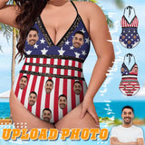 #Plus-Size Swimsuit-Custom Face American Flag Swimsuits Personalized Women's New Strap One Piece Bathing Suit Celebrate Holiday